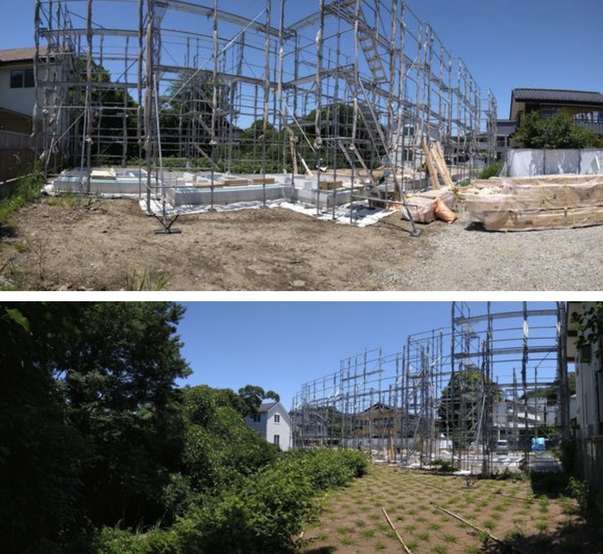 Construction is progressing on a terrace house in Nikaido, Kamakura City. We were setting up the foundation under the scorching sun. The building is scheduled to be completed this fall. It is said that fireflies grow in the Nikaido River.